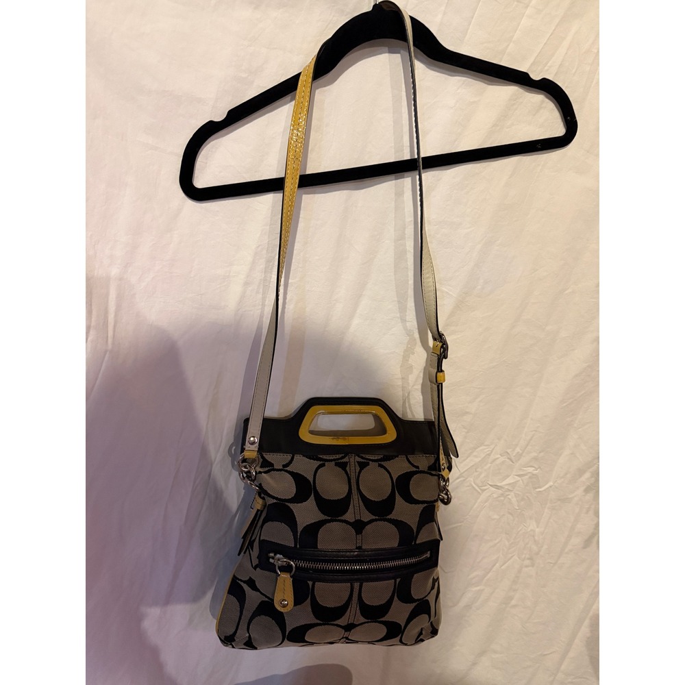 Coach Signature Jacquard Crossbody Bag Black Grey Yellow Trim Cut Out Handle